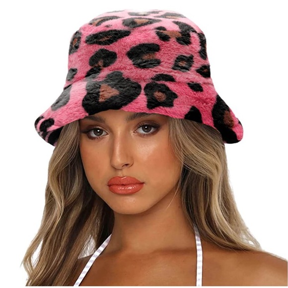 Accessories - Pink Leopard Print Faux Fur Fluffy Plush Festival Statement Winter Bucket Hat
